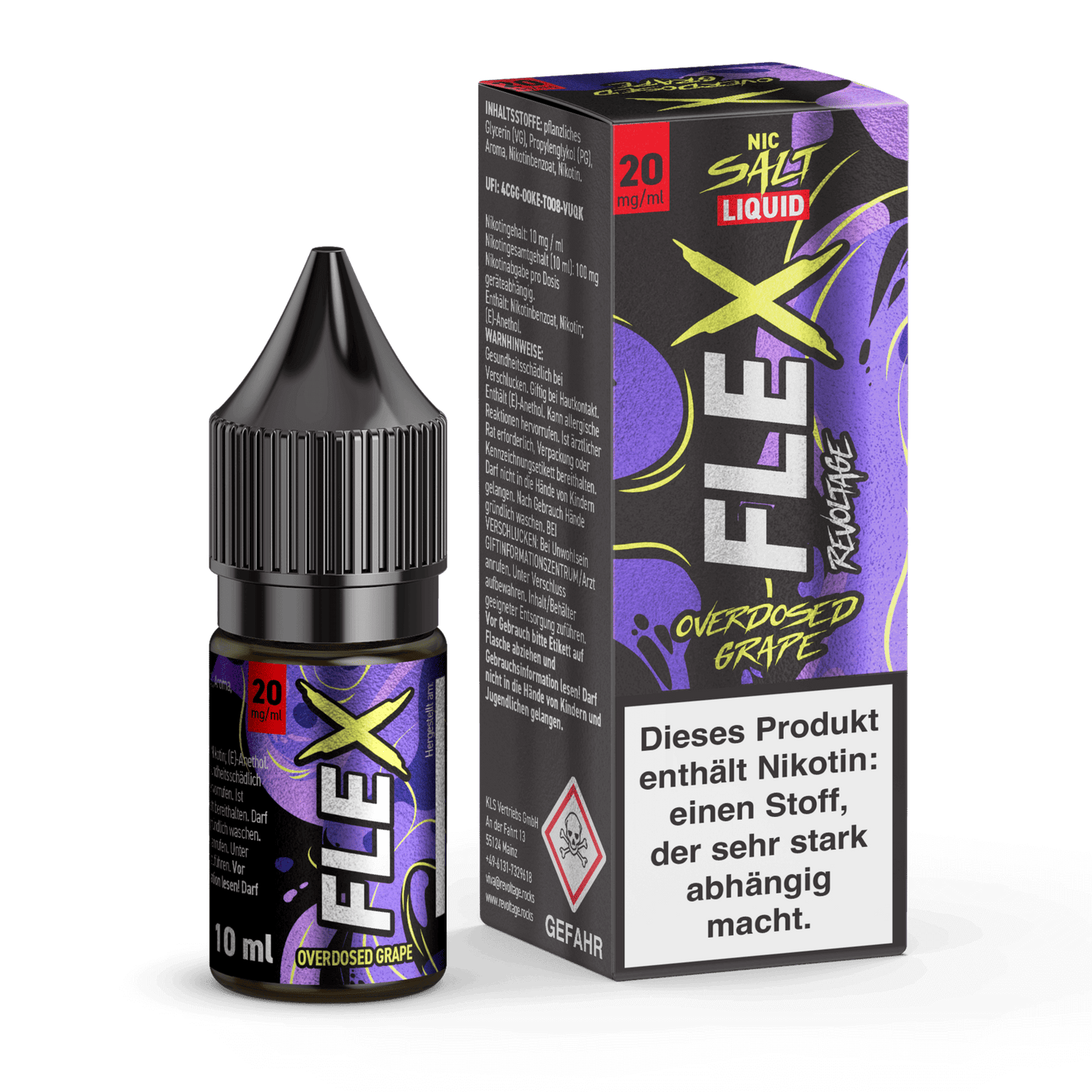 Revoltage Flex Overdosed Liquid Grape mit Nikotin, 10 ml Flasche und Verpackung, süßer Traubengeschmack