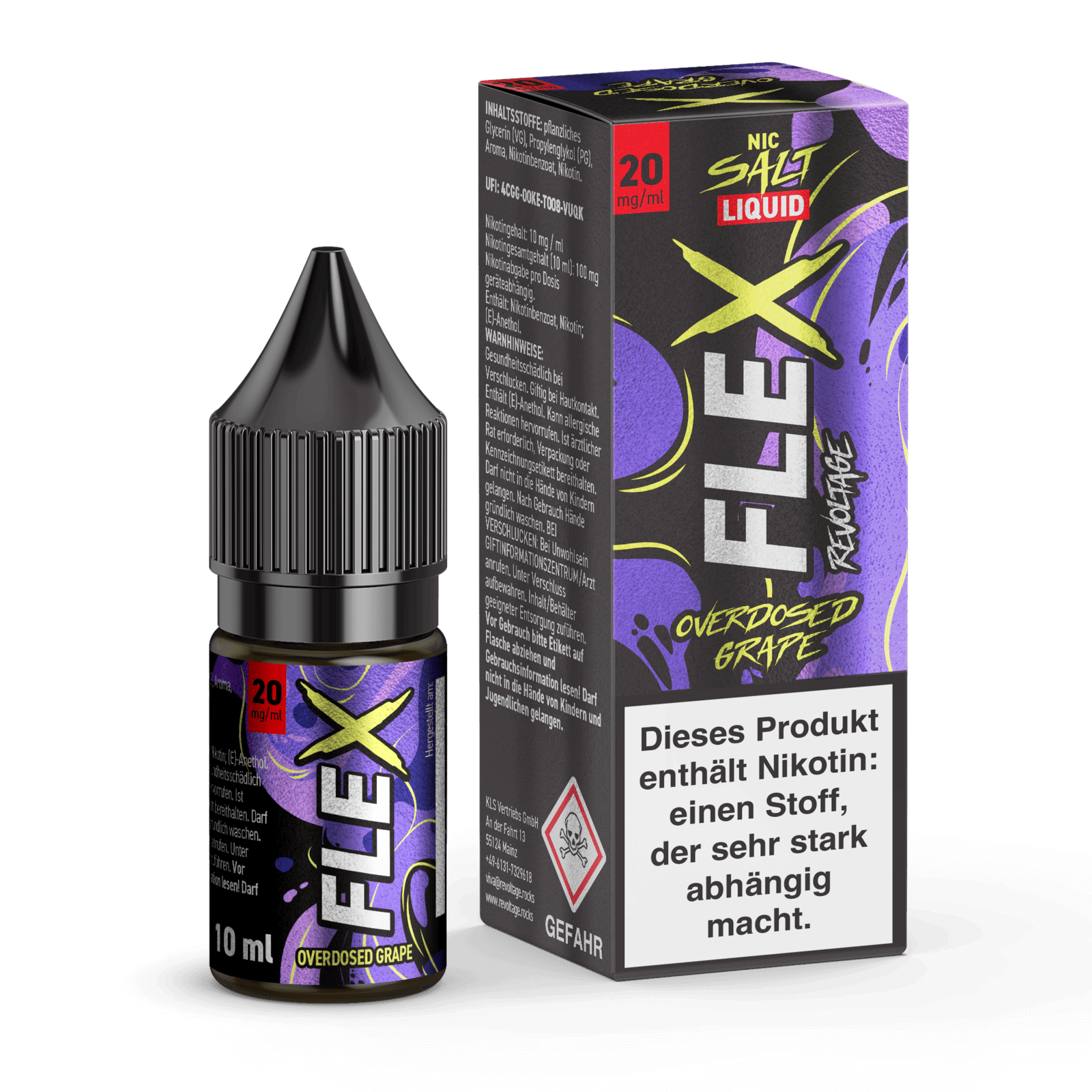 Revoltage Flex Overdosed Liquid Grape mit Nikotin, 10 ml Flasche und Verpackung, süßer Traubengeschmack