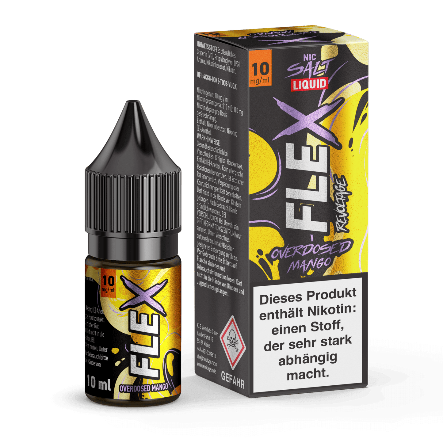 "Flex Overdosed Liquid Mango – Süßes, tropisches Liquid für sonniges Feeling direkt auf deiner Zunge, 10ml Flasche und Verpackung."