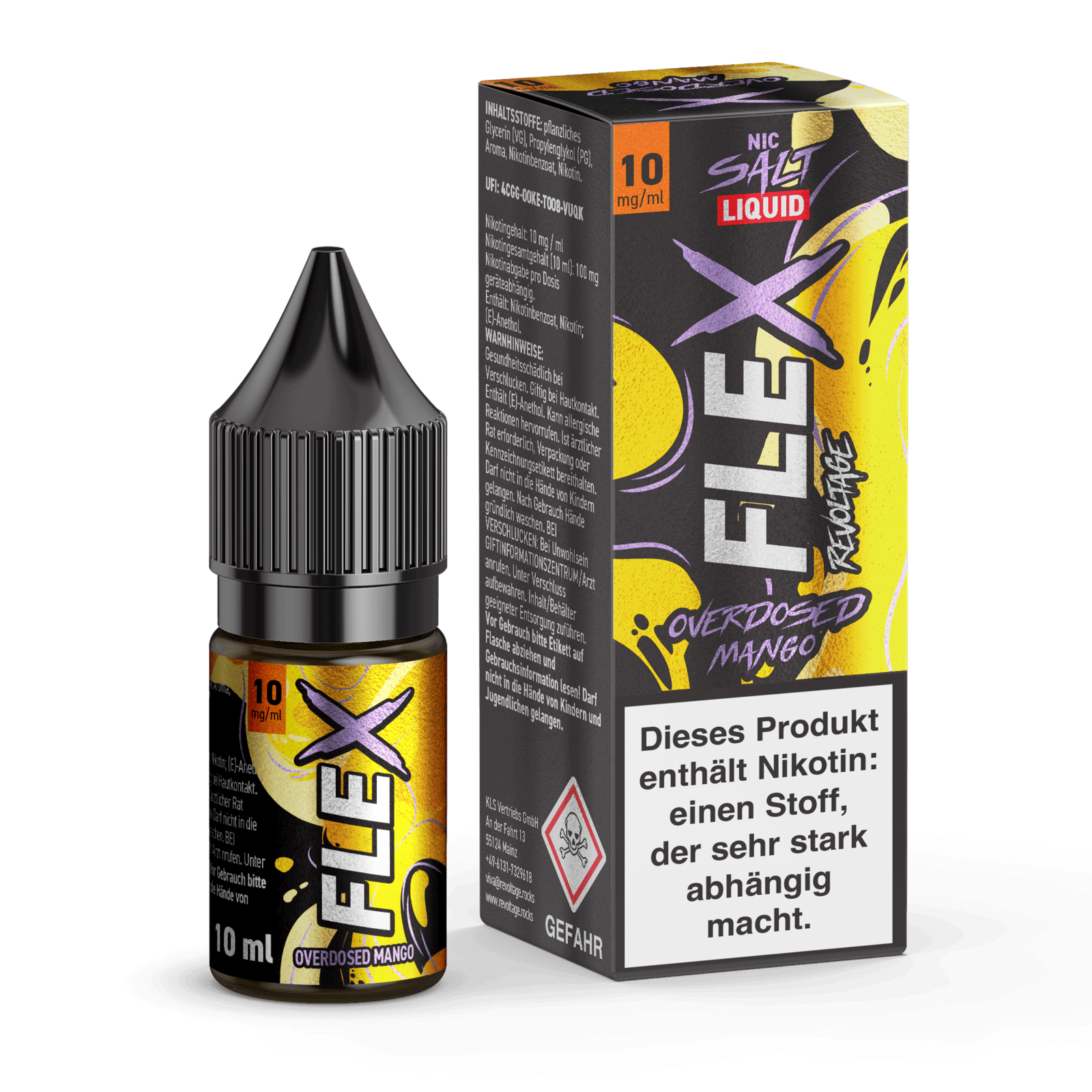 "Flex Overdosed Liquid Mango – Süßes, tropisches Liquid für sonniges Feeling direkt auf deiner Zunge, 10ml Flasche und Verpackung."