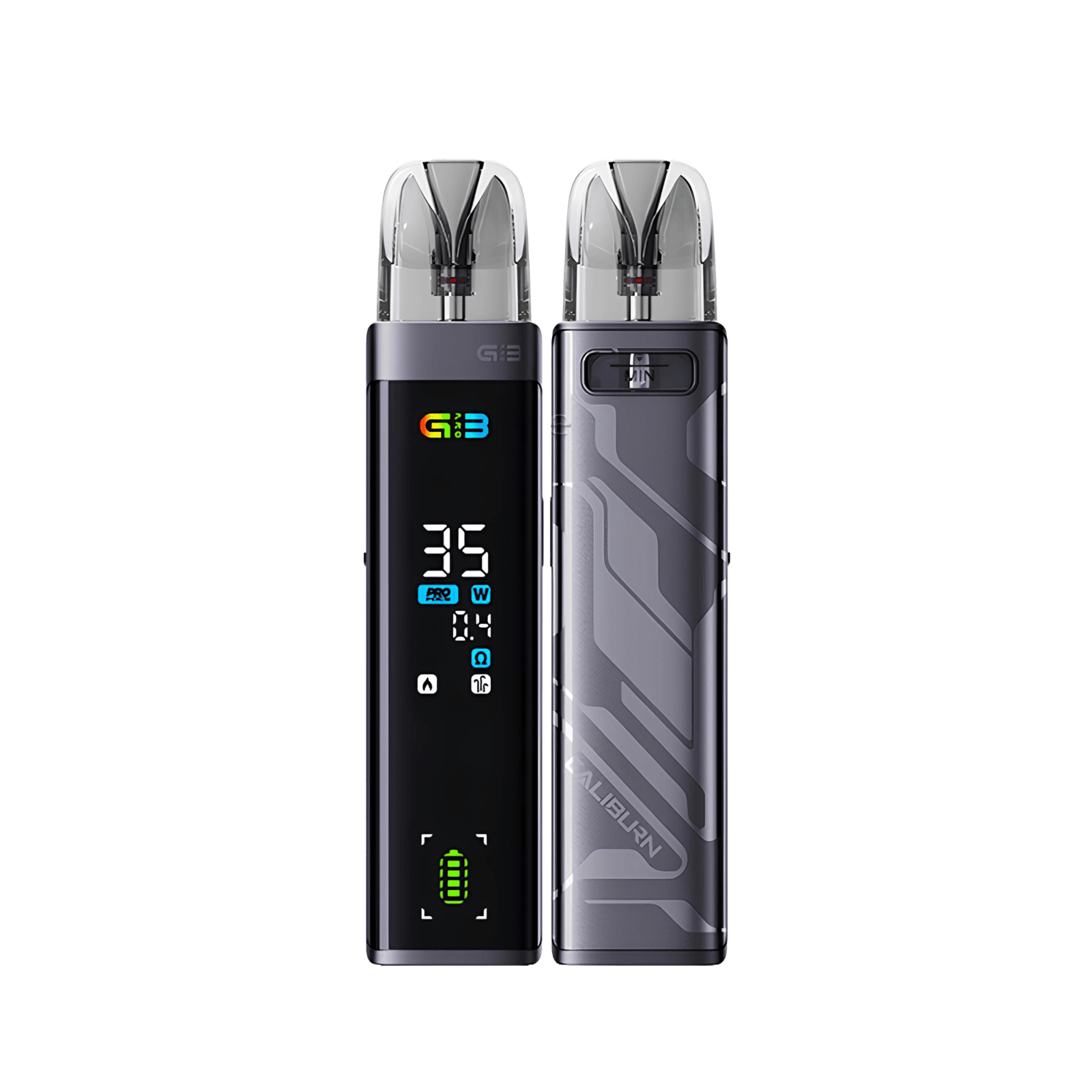 Caliburn G3 Pro Pod Kit in Dunkelgrau: Dein elegantes, futuristisches Vaping-Gerät mit modernem Design und Metallic-Schimmer.