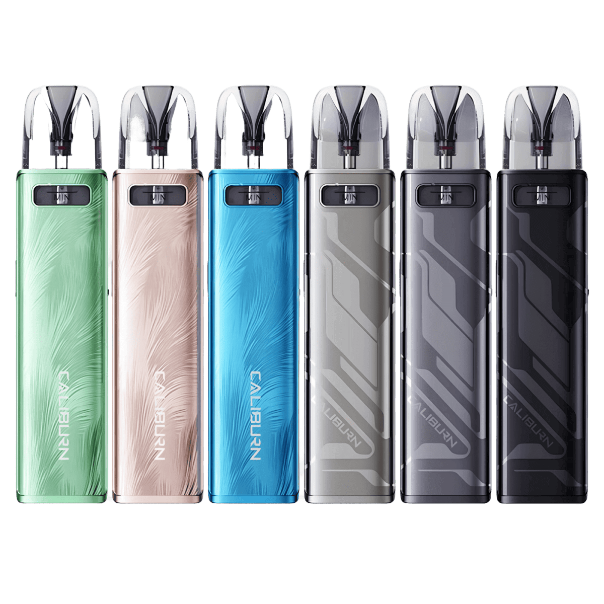 Verschiedene Farben des Caliburn G3 Pro Pod Kits, inkl. stone grey, mit elegantem Metallic-Touch und glänzender Oberfläche.