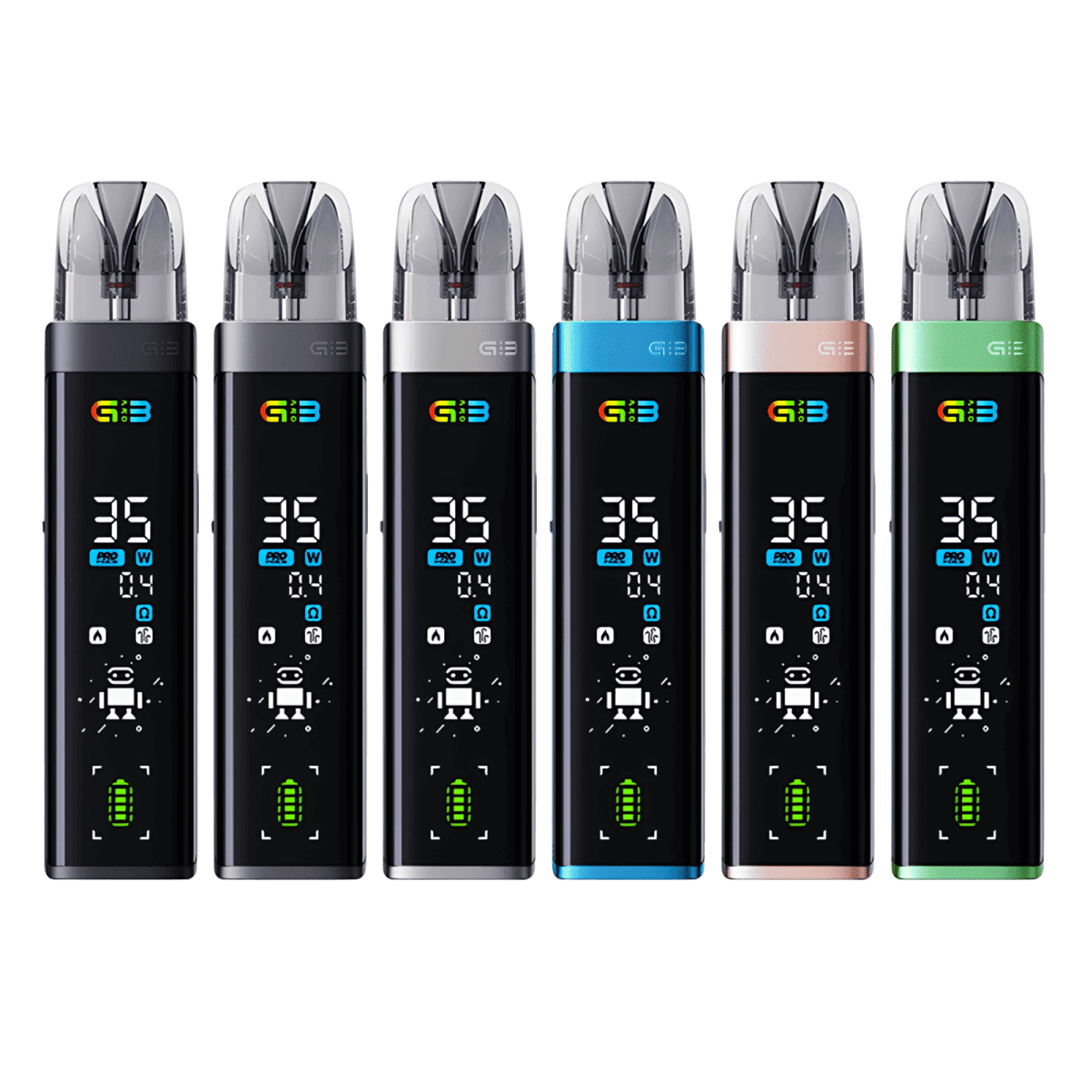 Sechs Uwell Caliburn G3 Pro Pod Kits in verschiedenen Farben, inklusive Space Grey, mit modernem und stilvollem Design.