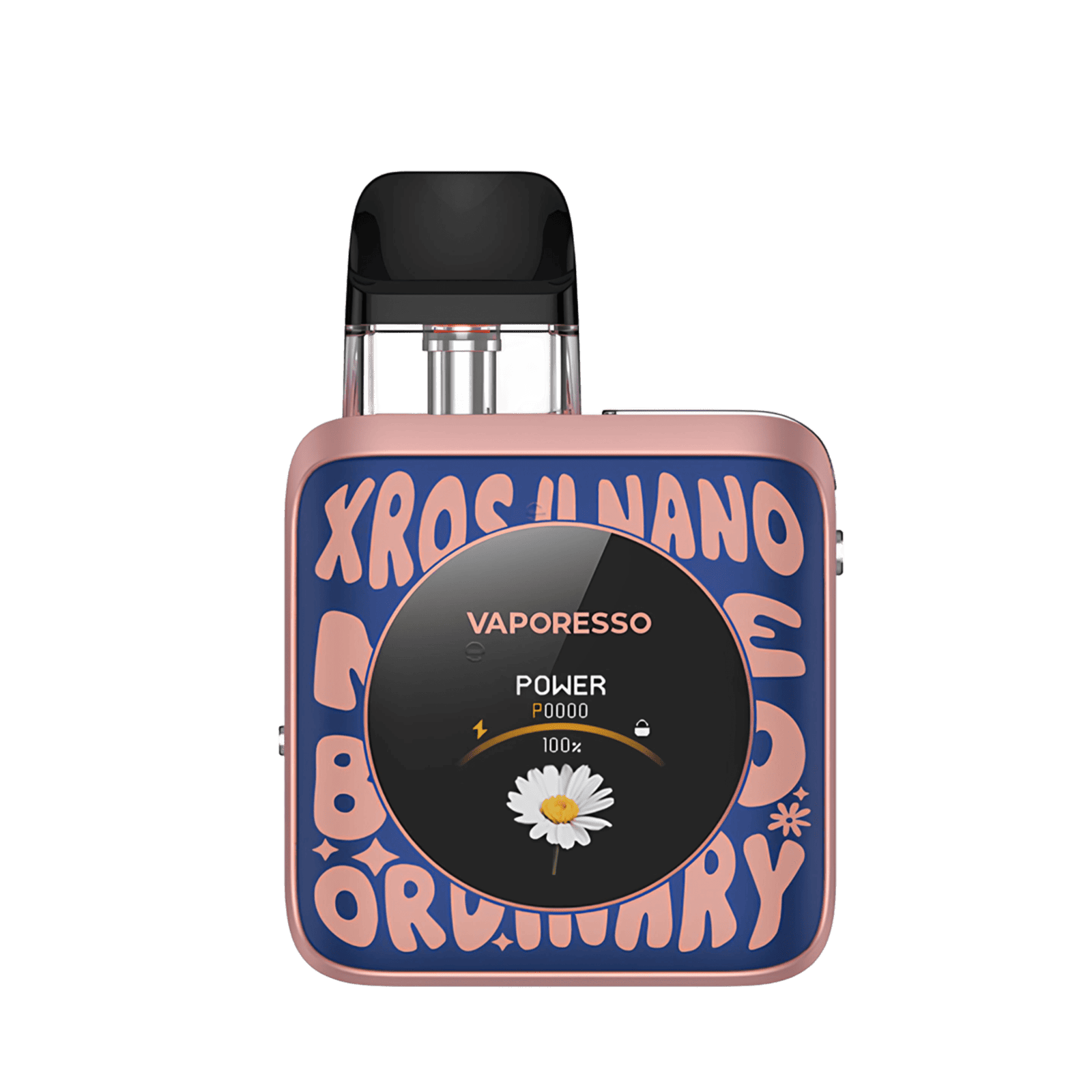 Vaporesso XROS 4 Nano Kit - World Pop Blue: Nahaufnahme des quadratischen, stylischen Vape-Geräts mit schwarzem Kreis und weißem Blumenmotiv, ideal für nachhaltiges Dampfen.