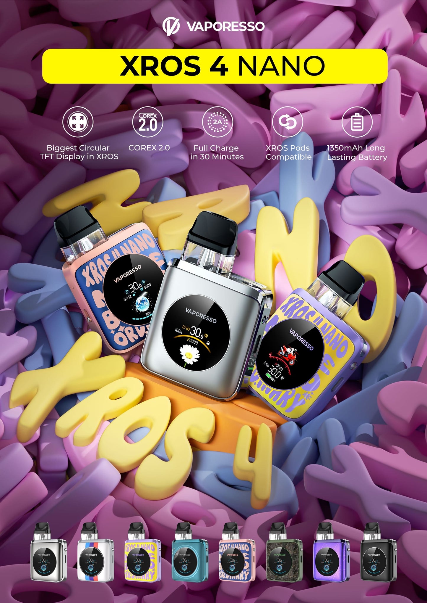 Vaporesso XROS 4 Nano Kit in World Pop Yellow, ein kompaktes, quadratisches E-Zigaretten-Gerät mit auffälligem Pop-Art-Design, gelber und lila Farbgebung.