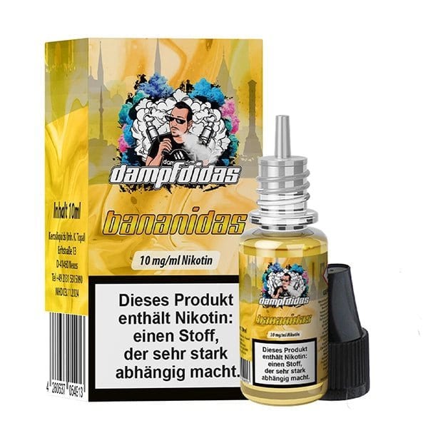 Banadidas Nikotinsalz E-Liquid mit Bananenmilch-Geschmack, ideal für dein Pod-System. Entdecke nostalgischen Genuss! 10mg/ml Nikotin.