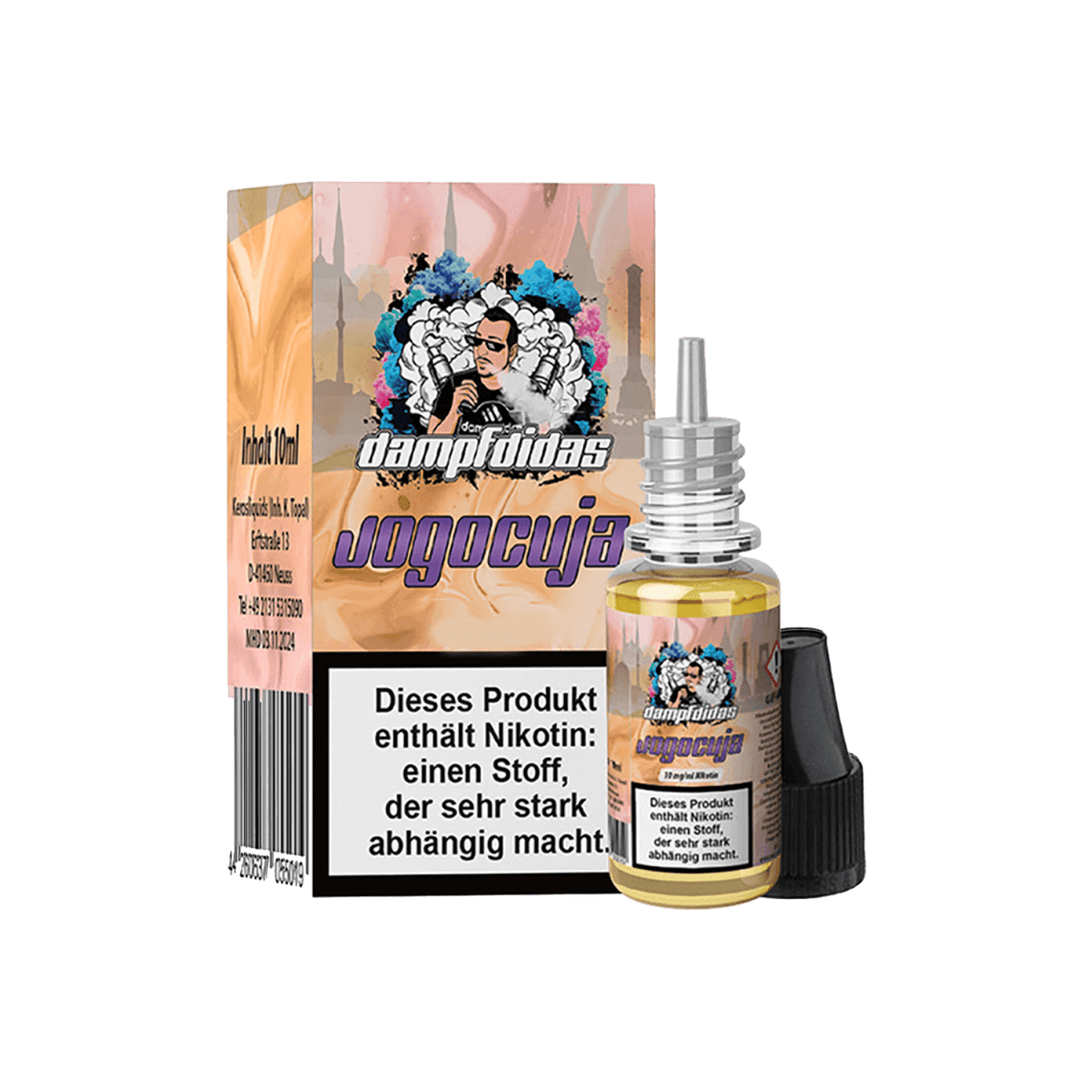 Packung und Flasche von Dampfdidas Jogocuja E-Liquid enthüllt tropische Joghurt-Maracuja-Komposition mit VG 50 / PG 50 Mischverhältnis.